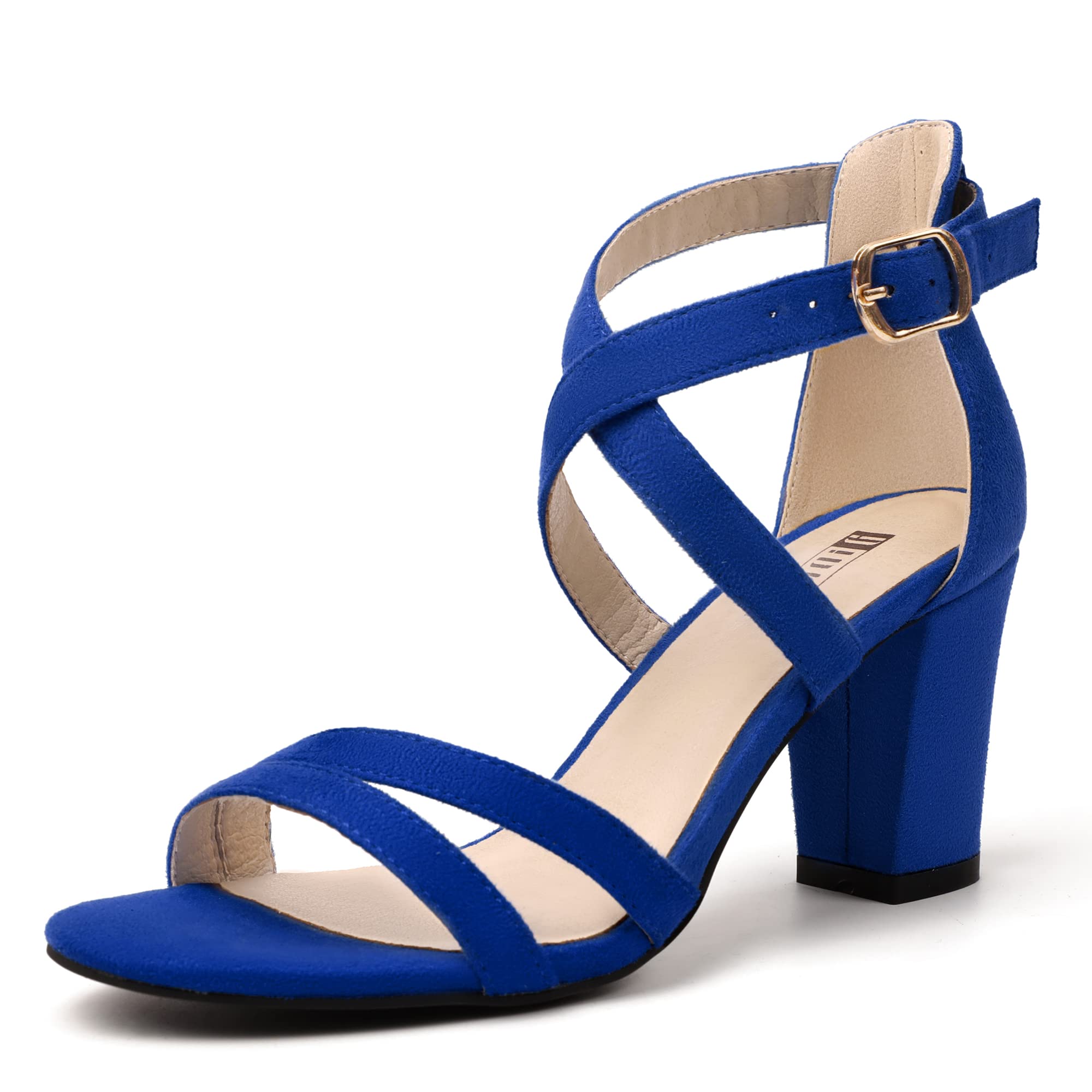 IDIFU Women's IN3 Gita Block Heel Open Toe Strappy Sandals Dress Shoes for Wedding Evening Prom (Royal Blue Suede, 8 M US) Image