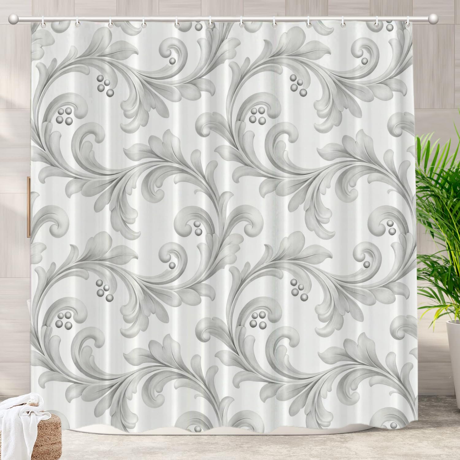 Batmerry Gray and White Shower Curtain,Victorian Style White Flower On Grey Pattern Shower Curtain,Waterproof Fabric Shower Curtains for Bathroom with 72x72 inches. — image 1