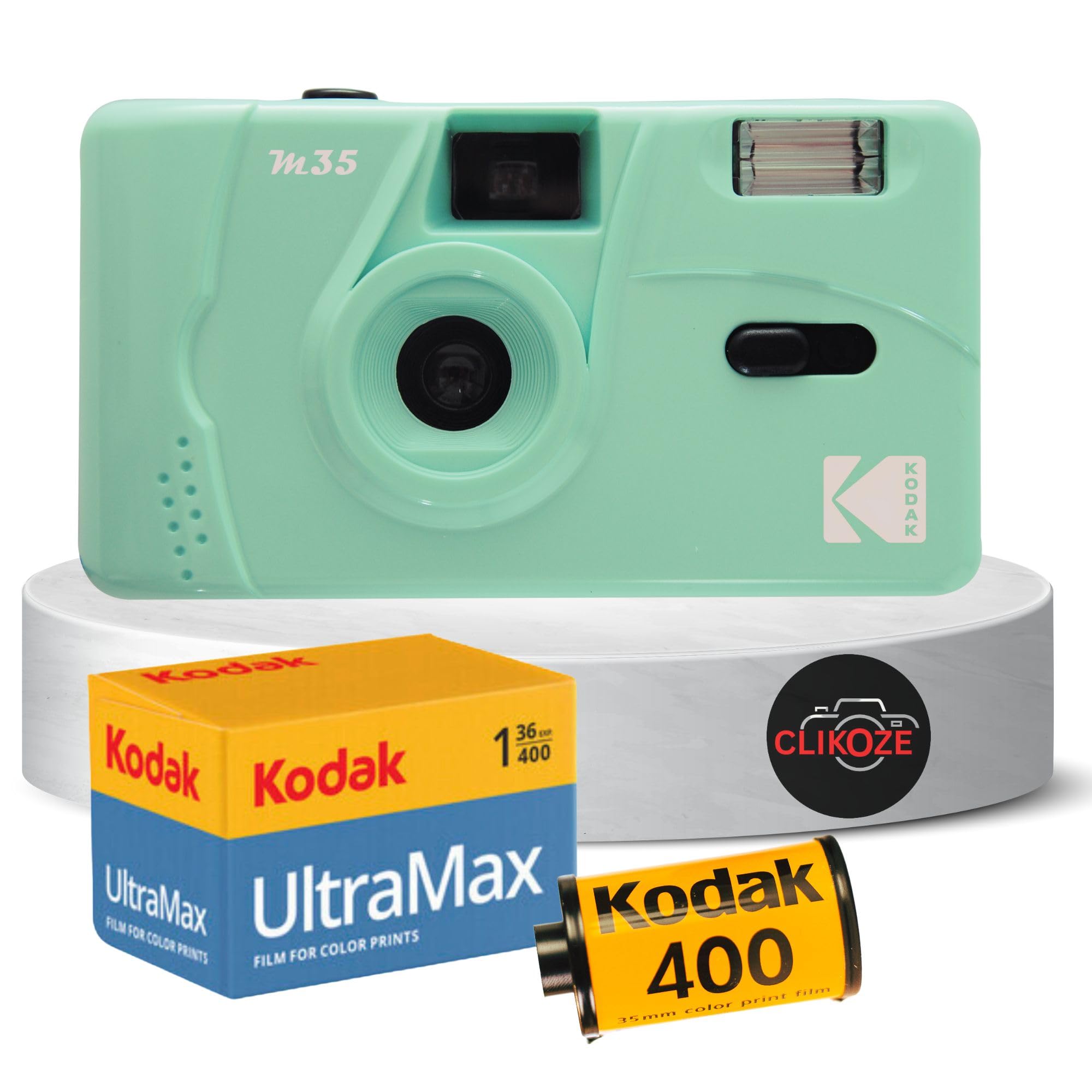 Reusable Film Camera Bundle includes Kodak M35 35mm Film Camera, Kodak 35mm film 36 exposures and Clikoze Tips Card (Mint)
