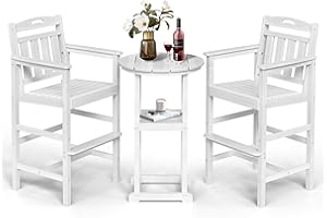 Ciokea Balcony Chairs and Table 3 Pieces Set, Outdoor High Top Bar Set, HDPE Oversized Adirondack Bar Chairs Set of 2 and Round Table for Outside Dining Bistro Poolside Backyard,