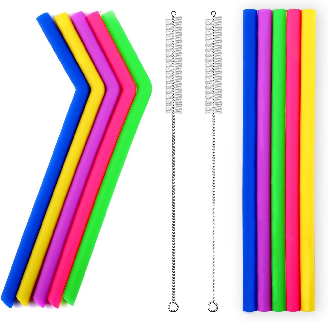 Reusable Silicone Smoothie Straws - Extra long Flexible Straws for 30 oz Tumblers with Cleaning Brushes - Eco Friendly - 12 Pieces (5 Straight+5 Bent +2 Cleaning Brushes) - BPA FREE