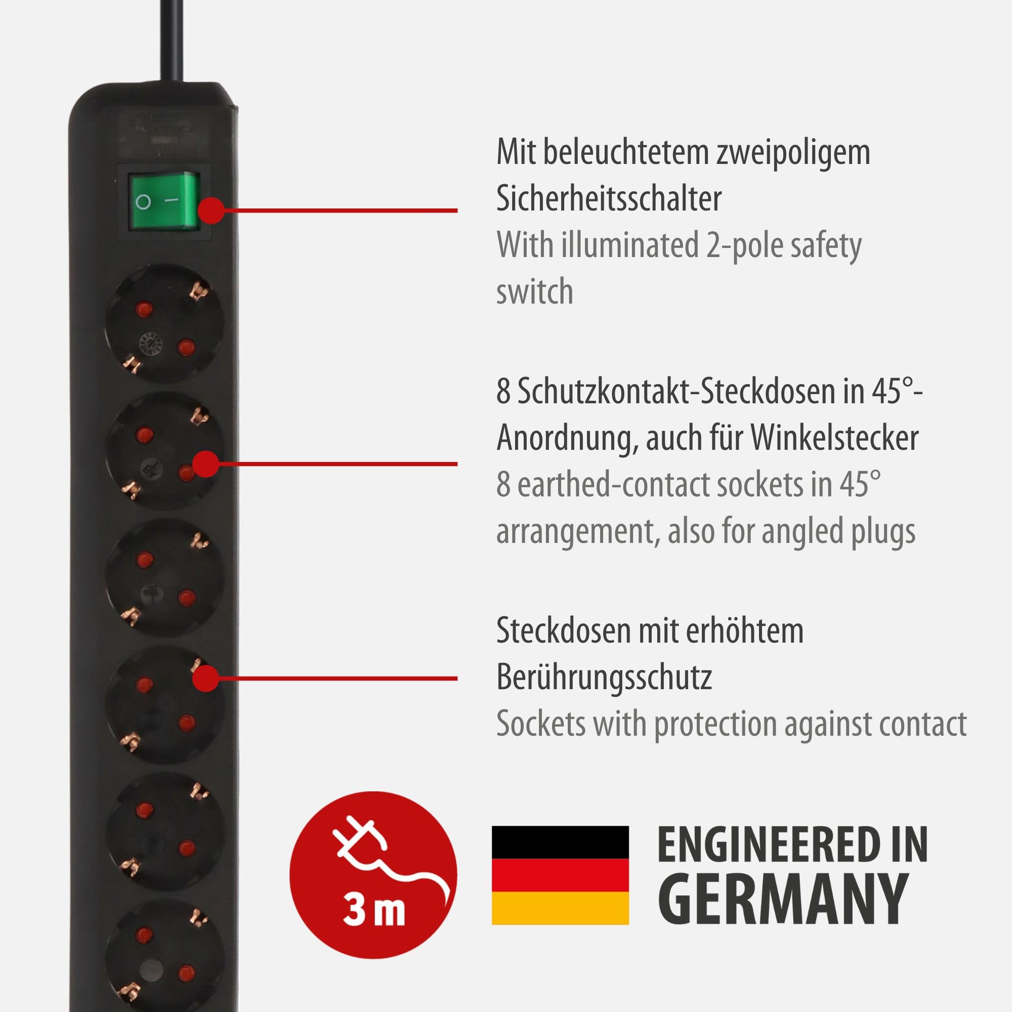Brennenstuhl Eco-Line Steckdosenleiste 8-Fach (Steckerleiste mit erhöhtem Berührungsschutz, Schalter und 3m Kabel) schwarz 2