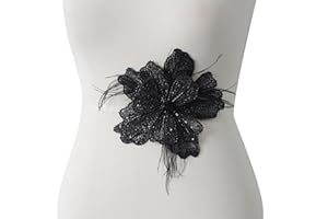 HHQ 3D Beads Flower Applique Patches with Feather Rhinestones Applique Sew on for Wedding Dresses DIY Decorative Clothes (Black)