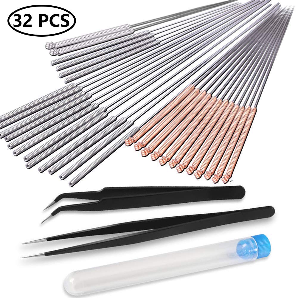 Aokin 32 Pieces 3D Printer Nozzle Cleaning Kit Including 30 Pieces Nozzle Cleaner 0.15mm, 0.25mm, 0.35mm, 0.4mm, 0.5mm Cleaning Needles for 3D Printer (Bonus: 2 Pcs Tweezers)