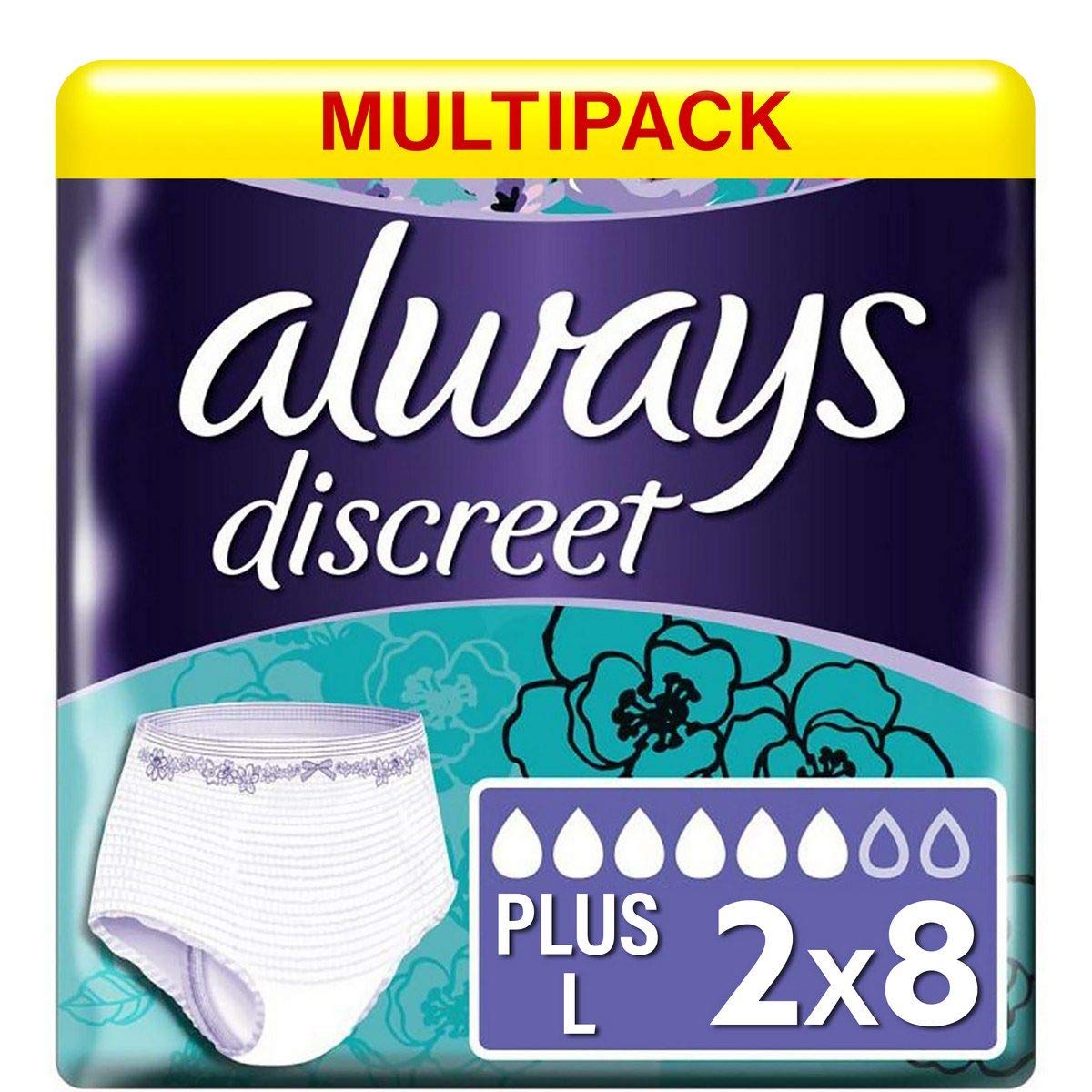 Always Discreet Incontinence Pants Women, Plus, 16 High Absorbency Pants, High Waisted, Odour Neutraliser, Duo Pack, for Sensitive Bladder, White, Large, (8 x 2 Packs)