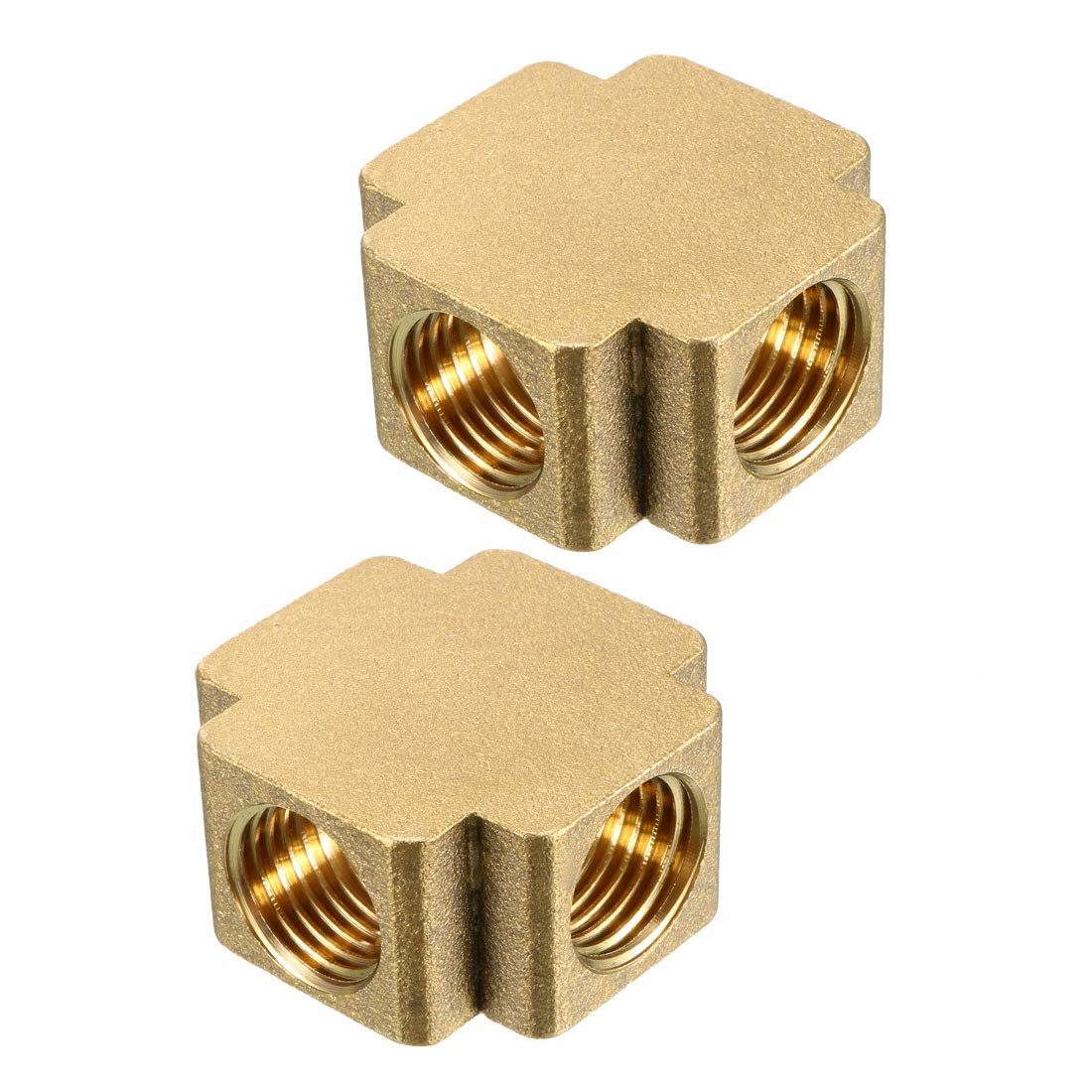 sourcing map Brass Cross Pipe Fitting 1/4 PT Female Thread 4 Way Connector 2pcs