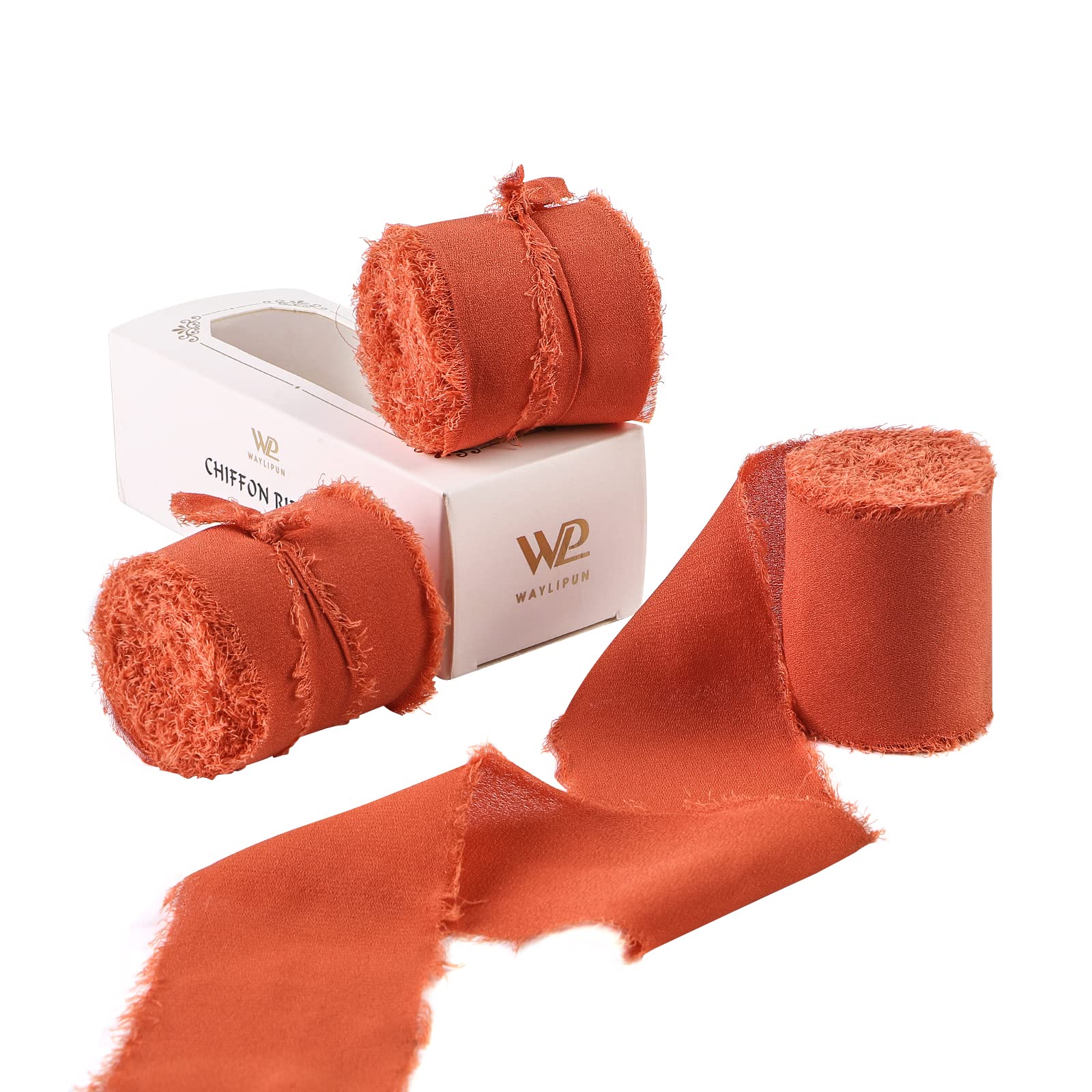 Waylipun Handmade Fringe Chiffon Ribbons, 3 Rolls 2" x 7Yd Total 21Yd Frayed Edge Fringe Smooth Ribbon for Wedding Invitations, Bridal Bouquets, Gifts Wrapping, DIY Crafts Decoration - Rust Red