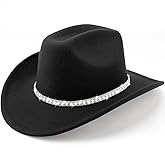 DRESHOW Western Cowboy Hat for Women and Men Wide Brim Glitter Cowboy Cowgirl Hat with Rhinestone Felt Fedora Hats