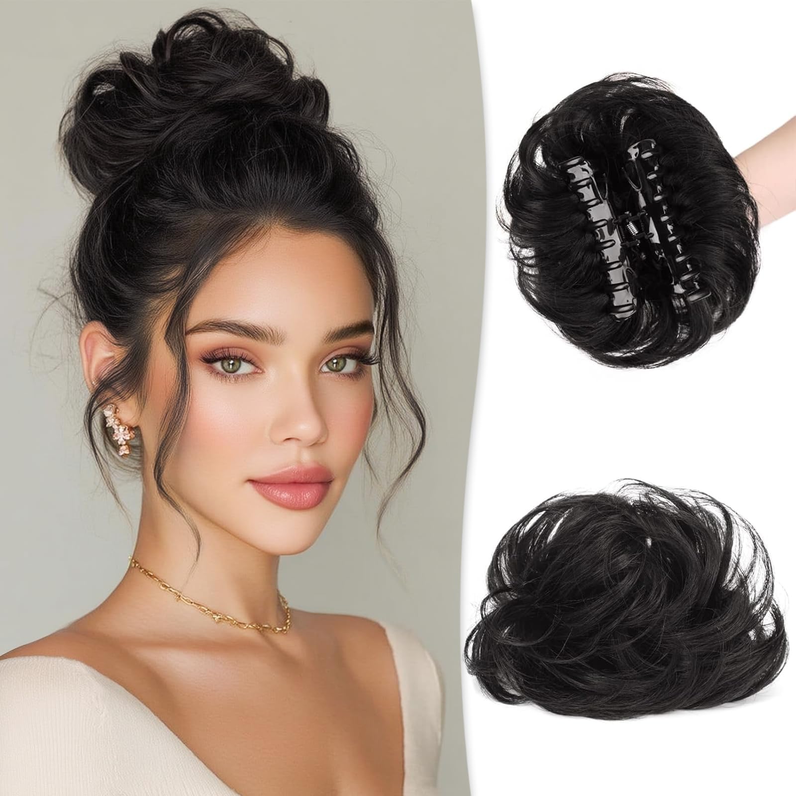 RUWISS Claw Clip in Messy Bun Hair Piece 100% Human Hair Buns Wavy Curly Chignon Hair Bun Extension Tousled Updo Hair Bun Real Human Hair Scrunchie with Clip for Women (Natural Black)