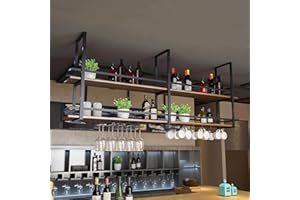 Ceiling Wine Glass Rack - 47.2in Hanging Wine Rack with Glass Holder and Shelf, 2 Layer Industrial Hanging Wine Bottle Holder