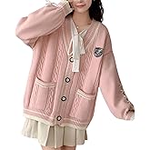 Chevara Women’s Kawaii Embroidery Crest Knit Cardigan V Neck Lace-Up Cuffs Preppy Sweater Coat with Pockets