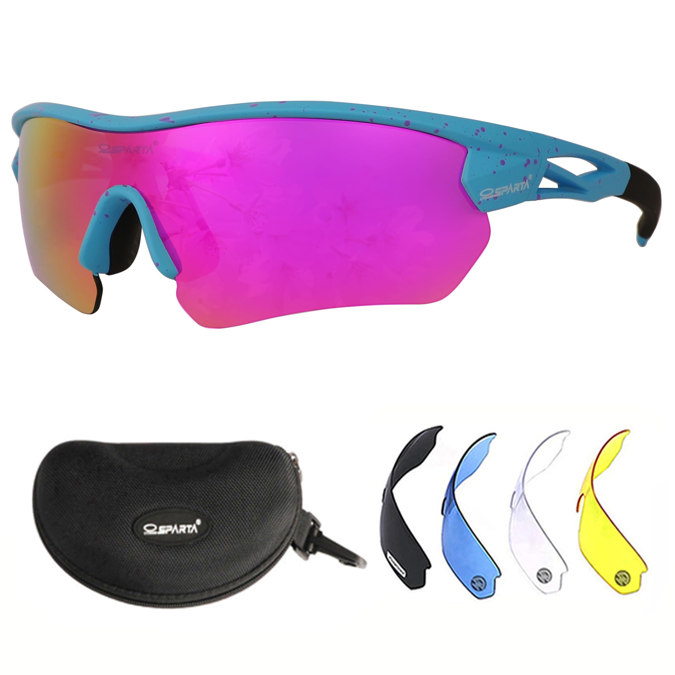 OUTDOORSPARTA Sports Sunglasses(8. Blue Frame, Full Lens Mirrored Pink)