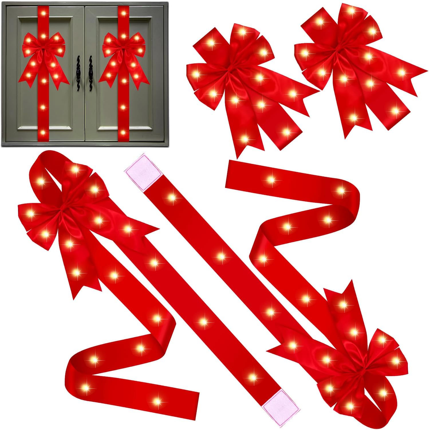 Bows & Ribbons - Yuxung 6 Pcs LED Christmas Cabinet Ribbons Bows 79 x 2.5 Inch Large Christmas Red Door Cabinet Bow LED Lights Festival Cabinet Decorations Decorative Seasonal Bows Xmas Bow for Home Front Door