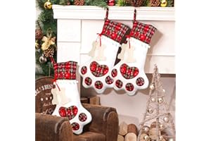 AerWo Pet Dog Christmas Stocking Hanging Christmas Stocking 18 x 11 Inches with Large Paw for Christmas Decorations, Cute Pet Stockings Christmas, Plaid Christmas Stockings for Dogs Cats, Red