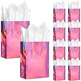 24 Pcs Iridescent Pink Gift Bags Decorations, Holographic Foil Party Favor Bags with Handles, Pink Paper Candy Goodie Bag with 24 Tissue Paper for Graduation Birthday Baby Shower Party Supplies