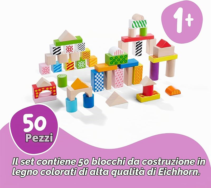 - Mattoncini Colorati in Legno, 100002226, + 12 Mesi, 50 Pezzi in Una Scatola, Mattoncini con Stampa, in Legno di Betulla