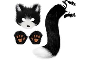 Adolala Faux Fur Fox Tail Cat Wolf Set Plush Mask Fluffy Paw Gloves Halloween Christmas Party for Women