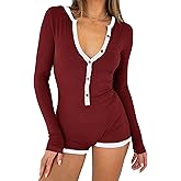 INFITTY Rompers for Women Long Sleeve Jumpsuit V Neck Onesie Pajamas Sexy Ribbed Button Down Sleepwear