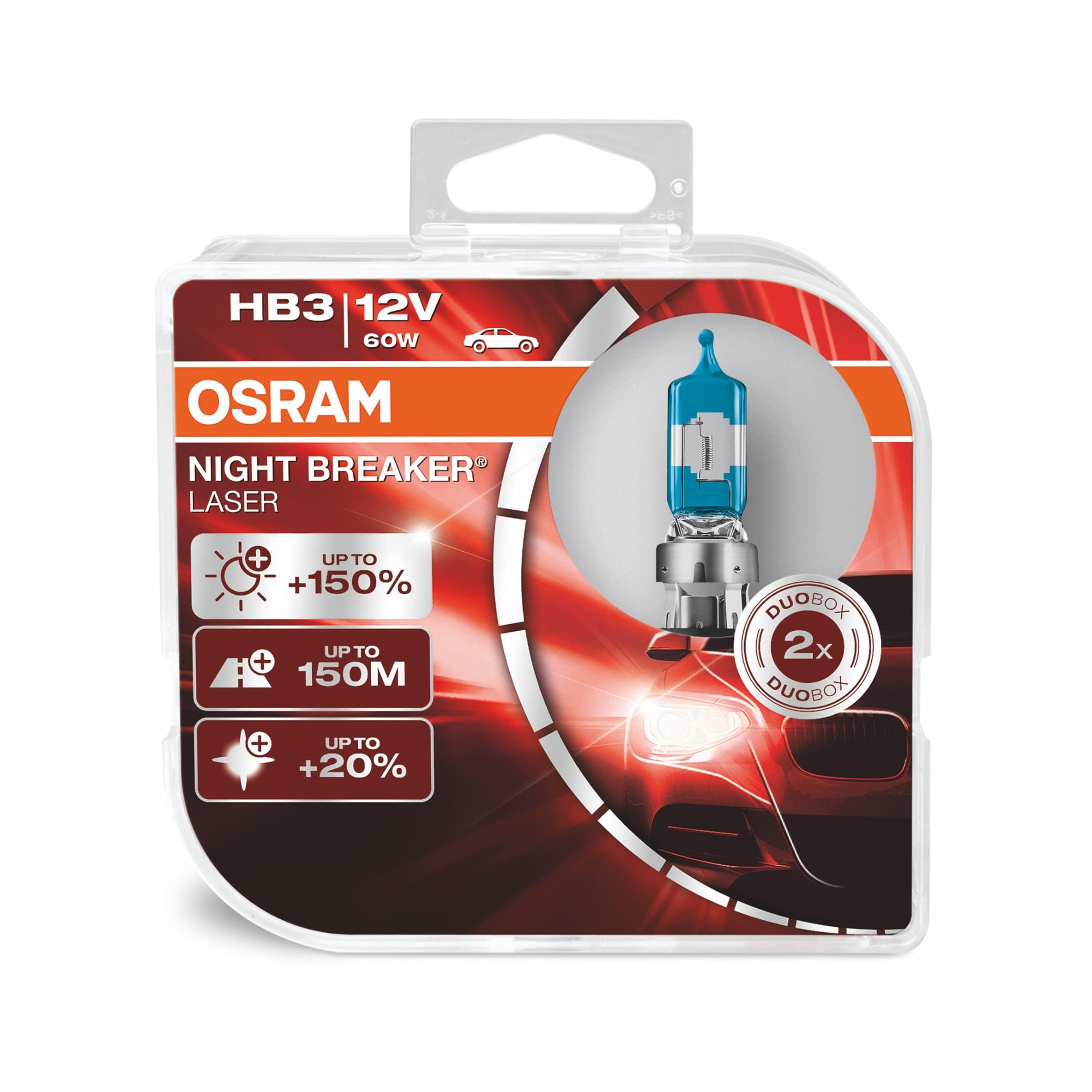 OSRAM NIGHT BREAKER LASER HB3, +150% more brightness, halogen headlight lamp, 9005NL-HCB, 12V, duo box (2 lamps)