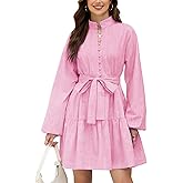 YEXPINE Women's Long Puff Sleeve Cotton Linen Dress Button Up Belted Ruffle Hem Tiered Mini Dress