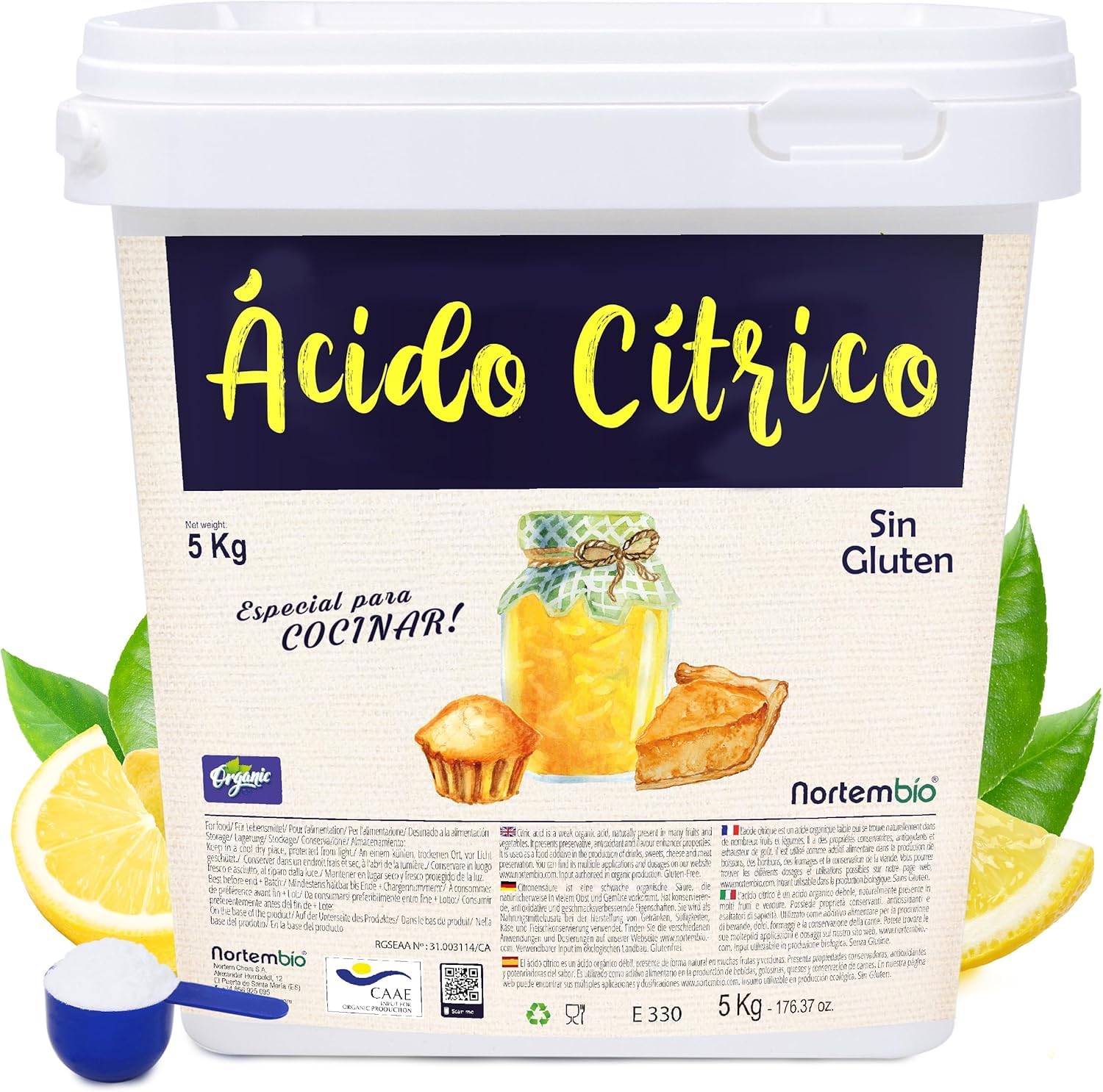 Nortembio Food-Grade Citric Acid – 100% Pure Food Grade Powder 5,2 kg, Non-GMO | Natural Preservative & Acidulant for Cooking, Baking, Jams, Homemade Cheese + Free Recipe eBook