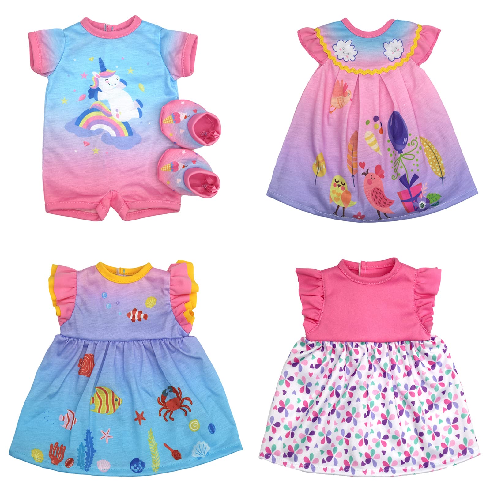 Doll Clothes Dress for 12-16 Inch 30-40cm Baby Dolls, 4-pack Soft Outfits with Socks (Not Include Doll)