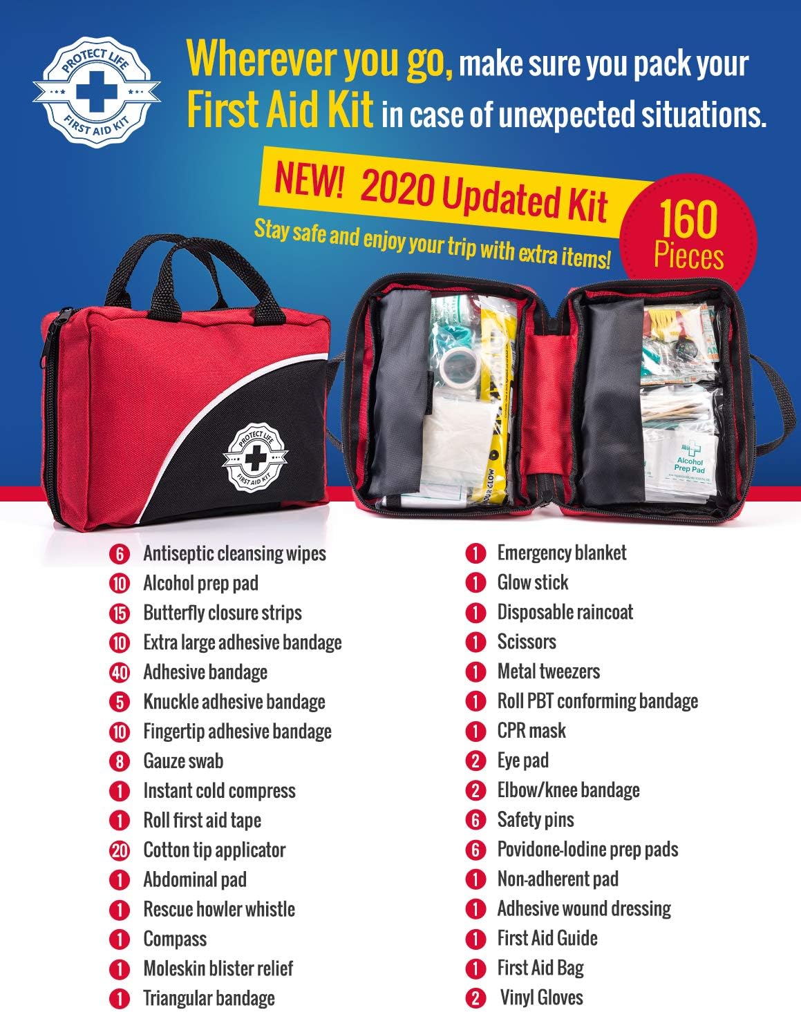 First Aid Kit - 160 Piece - for Car, Travel, Camping, Home, Office, Sports, Survival | Complete Emergency Bag Fully stocked with Medical Supplies: Health & Personal Care