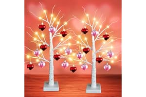 Agusbagli 2Pack 24in Valentines Day Decor Lighted Birch Tree with 10 Heart Ornaments, 24 LED Battery Operated Light Up Tabletop Artificial Tree Lights with Timer Valentine's Day Decorations for Home