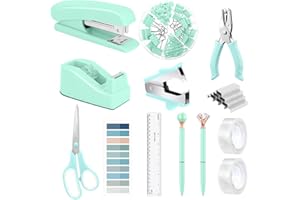 AURORAY 13 in 1 Green Office Supplies, Teal Desk Accessories Teal Office Supplies and Tape Dispenser, Hole Punch, Staple Remover, Stapler, 1000 Staple, Clip, Ruler, Scissor, Tab, Tape, Pen
