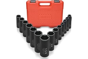 Neiko 02476A 1/2" Impact Socket Set, 14 Piece 6 Point Impact Set, Standard Impact Socket Set, SAE Sizes (3/8-Inch to 1-1/14") Cr-V Steel, Deep Socket Set 1/2 Drive,