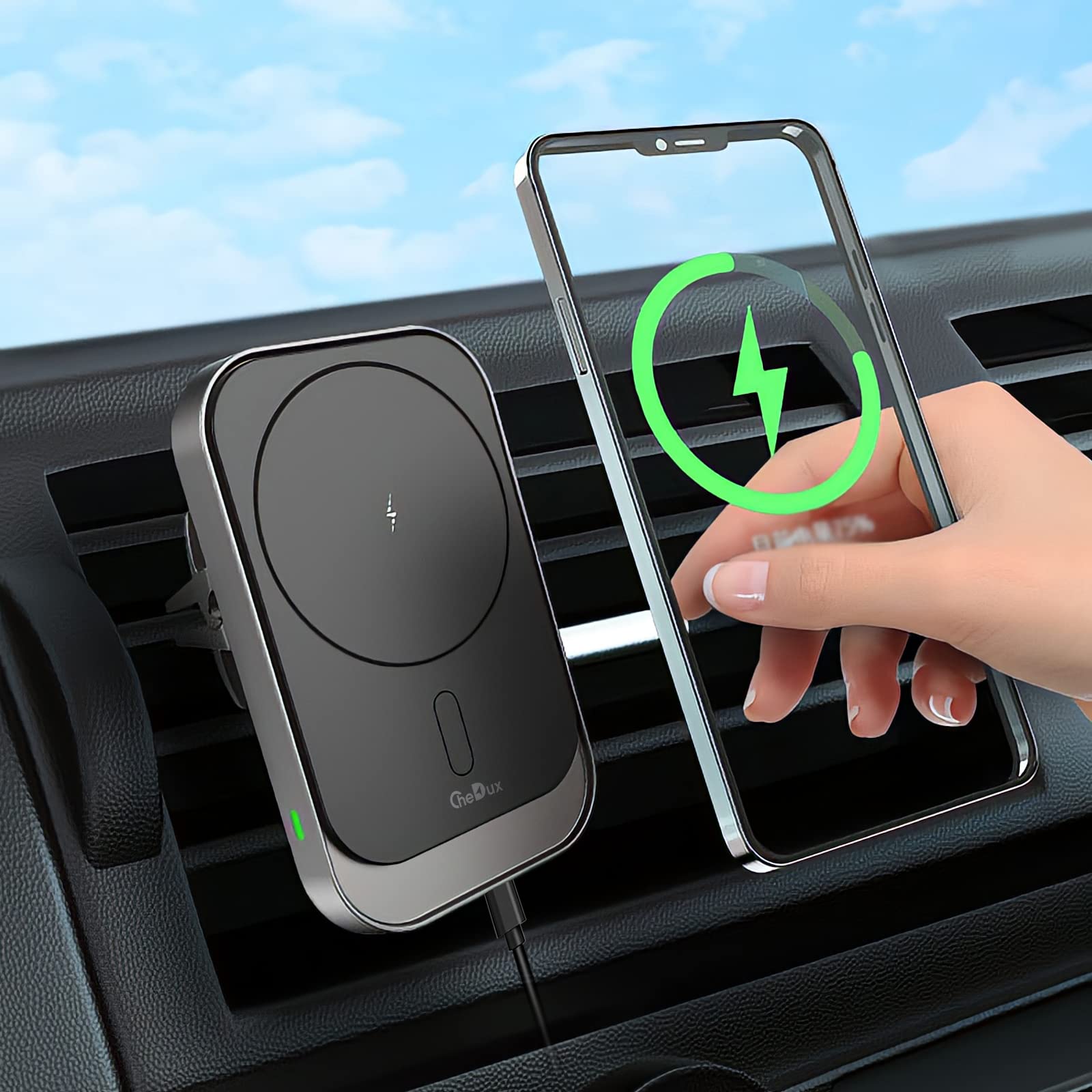 CheDux Magnetic Wireless Car Charger for iPhone 13/13 Pro/13 Pro Max/13 mini/12/12 Pro/12 Pro Max/12 Mini,Compatible with MagSafe Car Charger, 15W Fast Wireless Charging Car Mount with Air Vent Clamp
