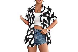 LOTUCY Bowling Shirts for Women Hawaiian Bowler Short Sleeve Button Up Shirt Casual Beach Summer Tee