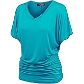 Made By Johnny Women's Casual Solid Short Sleeve Boat Neck/V Neck Dolman Top T Shirt with Side Shirring