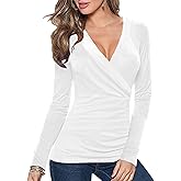 Afibi Womens Slim Fitted Deep V Neck Cross Wrap Top Long Sleeve T-Shirts