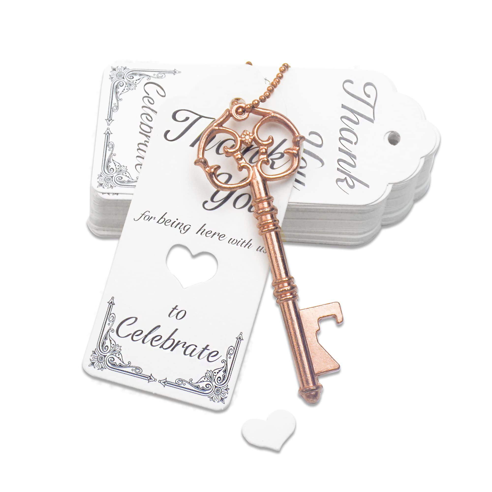 Aokbean 52pcs Vintage Skeleton Key Bottle Opener Rustic Wedding/Party Favors Guest Souvenir Gift Set with Escort Thank You Tag Card and Keychain(Rose Gold)
