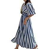CHARTOU Women Comfy Stripes Beach Dress Summer Puff Short Sleeve Cotton Linen Long Dress with Belt
