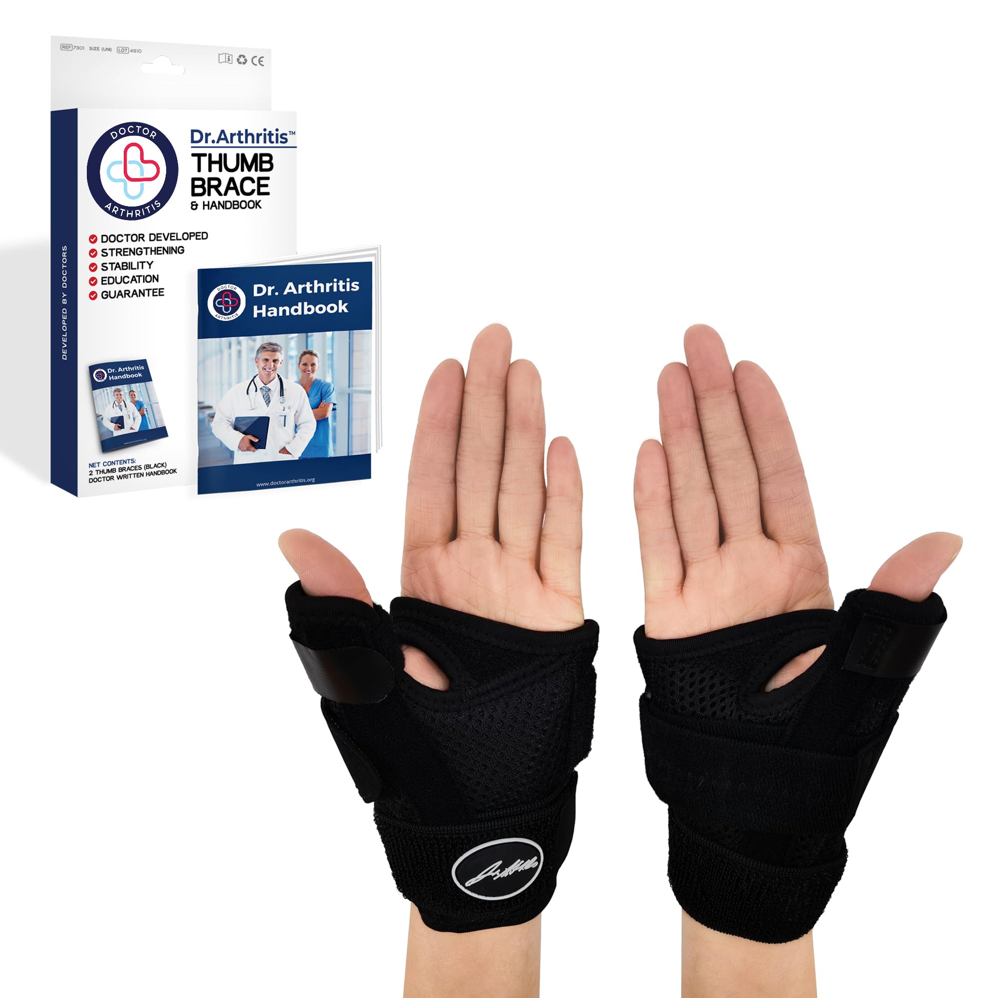 Doctor Developed Thumb Support Brace & Doctor Handbook -, Trigger Thumb Brace, Thumb Support For Arthritis - Thumb Spica Splint - Thumb Splint For Right Hand/Left (Black, Pair)