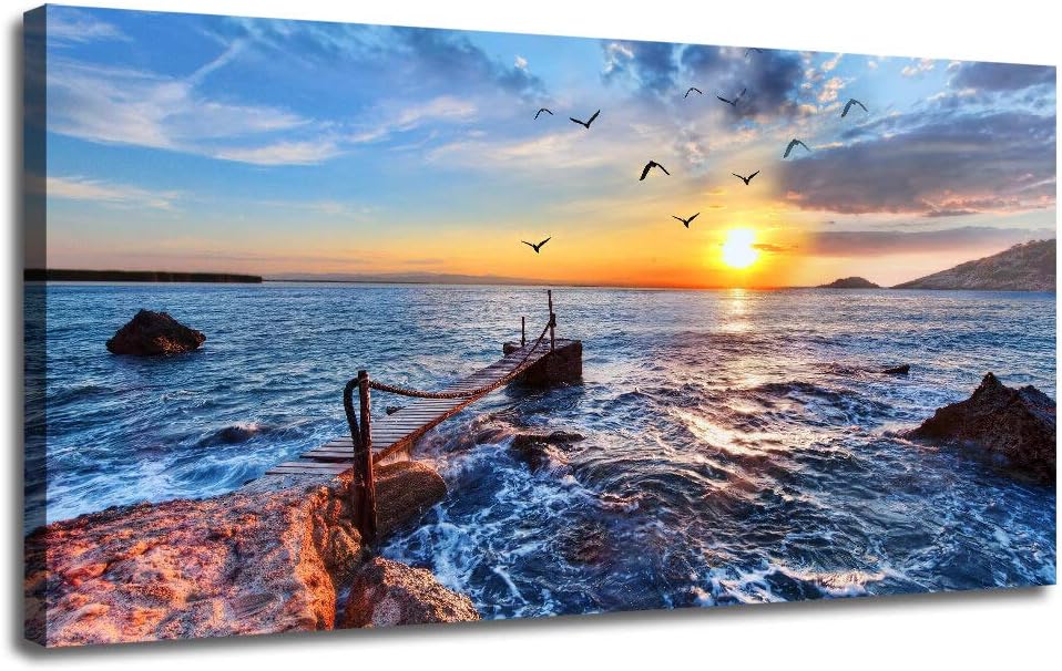 Ardemy Canvas Wall Art Ocean Seawave Blue Sky Picture Prints Extra Large Size One Panel 48"x24", Sunset Wood Bridge Seascape Panoramic Wooden Framed Ready to Hang for Bedroom Dinning Room Home Office