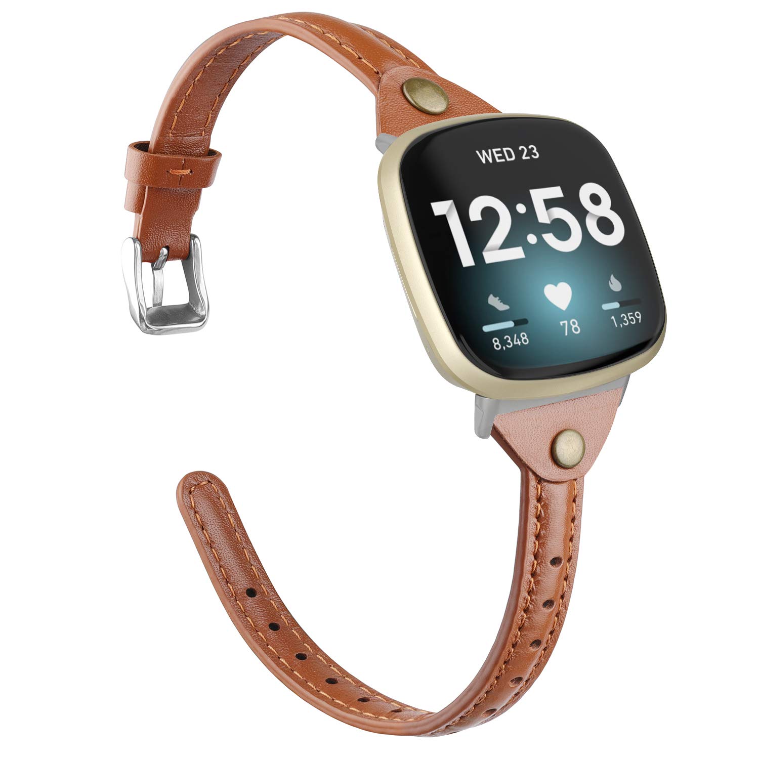 TOYOUTHS Leather Strap Compatible with Fitbit Versa 3/4/Sense 1/2, Slim Women's Replacement Wristband, Brown