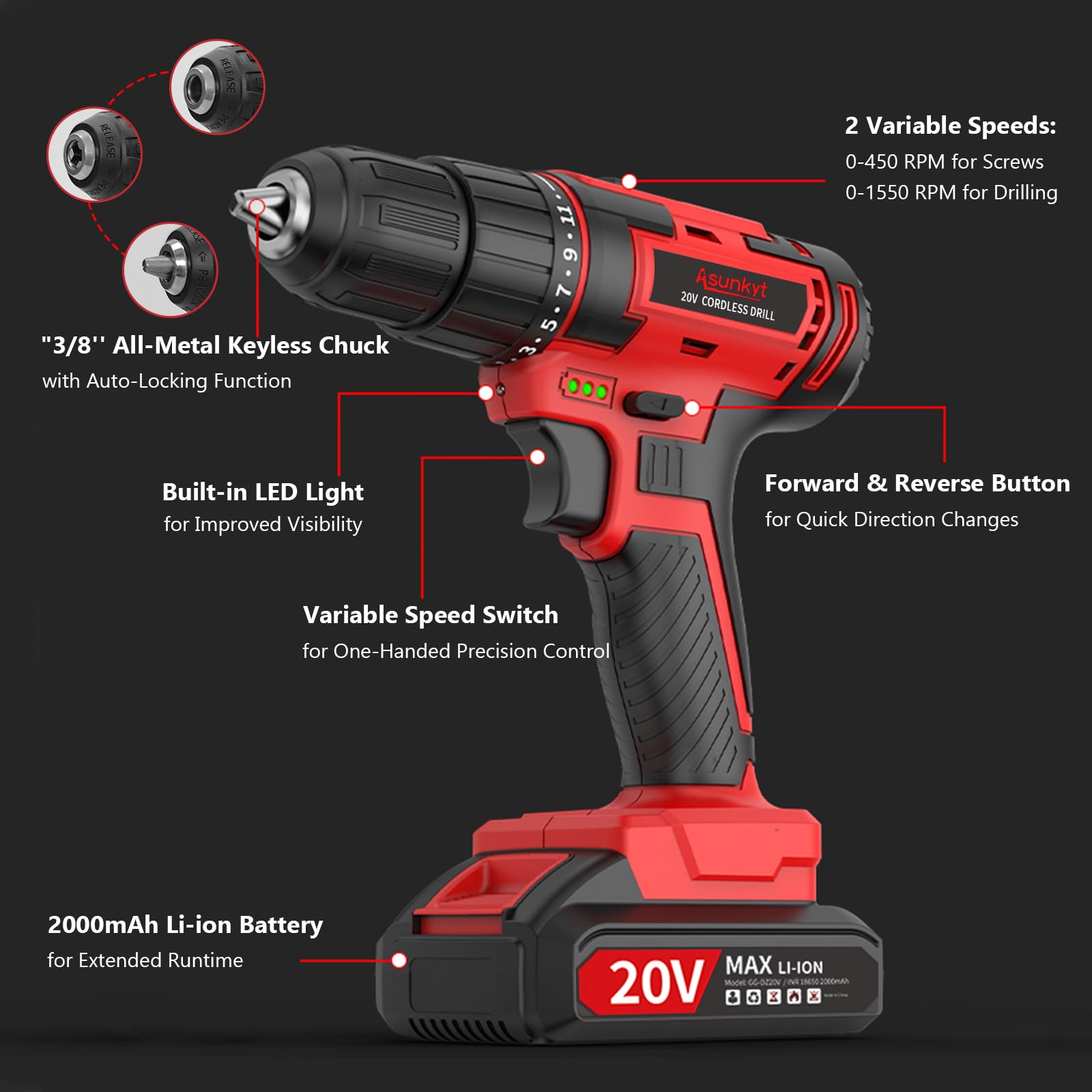20V Power Drill Cordless, Cordless Drill with Battery and Charger with Torque 30N, Impact Function, 3/8-Inch Keyless Chuck for Screwdriving and Drilling (Battery×2)