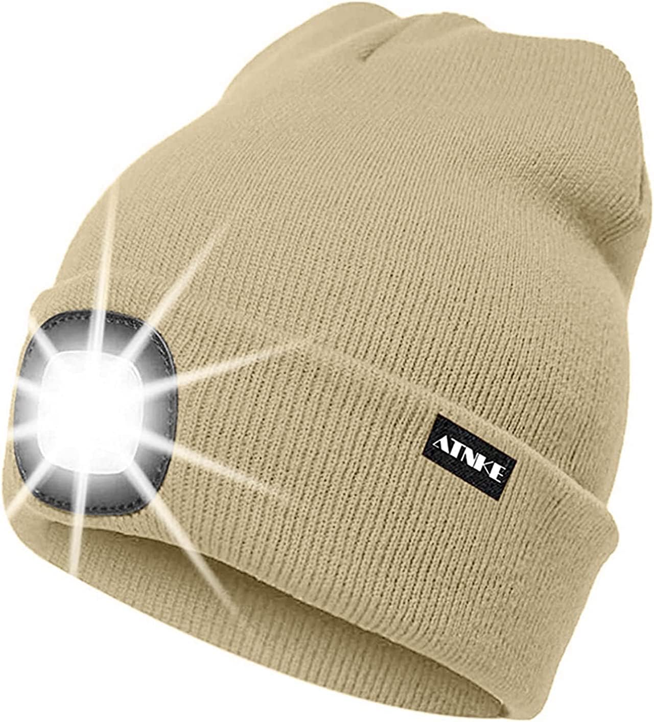 ATNKE LED Lighted Beanie Cap,USB Rechargeable Running Hat Ultra Bright 4 LED Waterproof Light Winter Warm Gifts for Men and Women/Beige