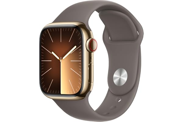 Apple Watch Series 9 [GPS + Cellular, 41mm] - Gold Stainless Steel Case with Clay Sport Band, S/M (Renewed)