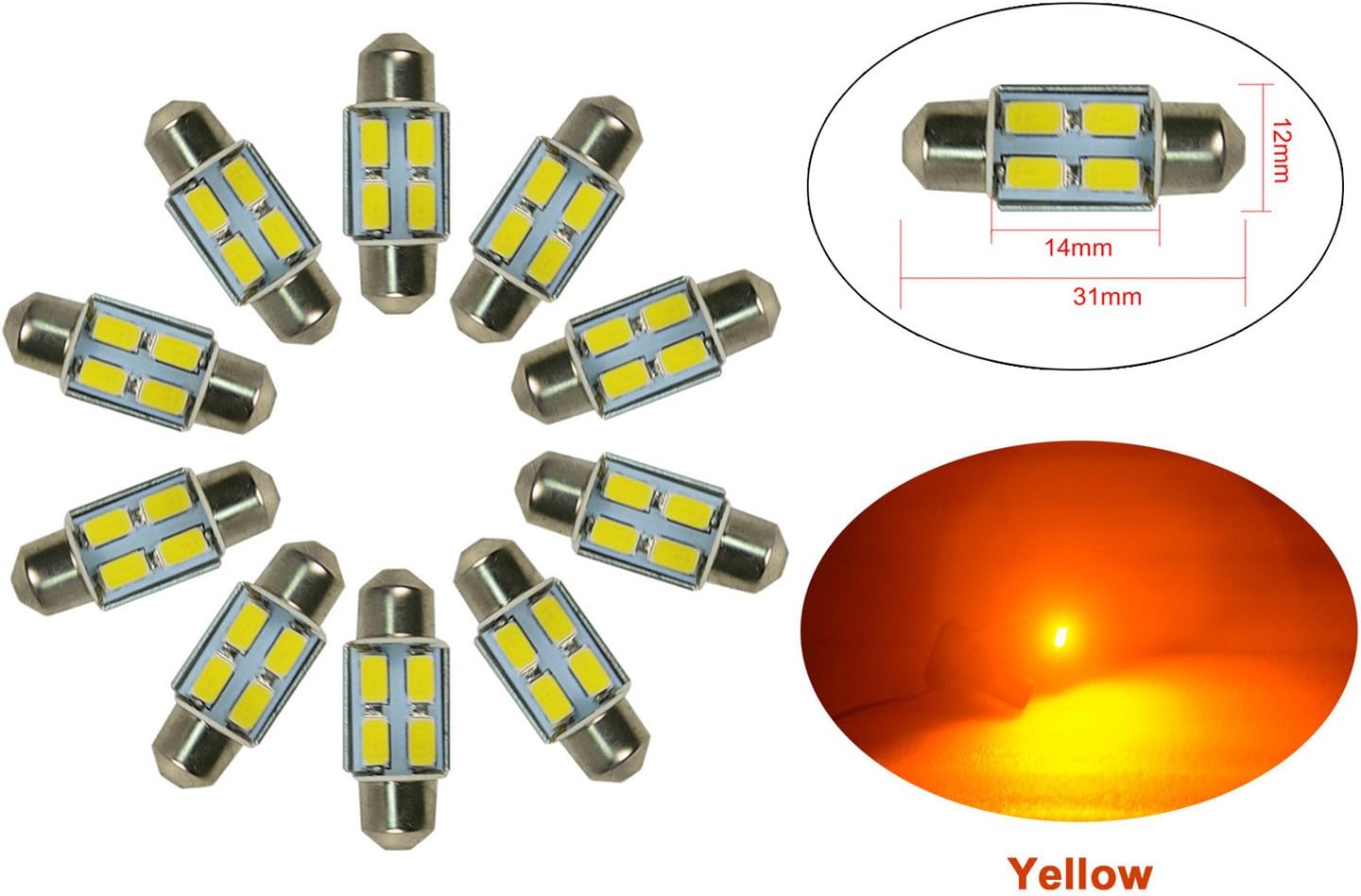 NJYTouch 31mm 1.22" 4SMD 5630 Canbus Error Free Amber Yellow DE3021 DE3022 DE3175 Festoon Dome Map Interior LED Light Bulbs Pack of 10