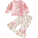 RSRZRCJ Toddler Baby Girl Valentines Day Outfit Heart Bow Print Ruffle Long Sleeve Sweatshirt Flare Pants 2pcs Clothes Set