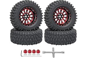 LRFHL 1.3" Beadlock Wheel Tires Aluminum 1.3 Beadlock Wheels and Tires Upgraded 1.45-inch Wheel for 1/24 SCX24 1/18 TRX4M RC Crawler Car Upgrade (4PCS, Red)