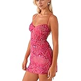 calbatic Women Sequin Sparkly Rhinestone Mini Dress Sleeveless Backless Deep V Neck Glitter Short Cami Dress Party Clubwear