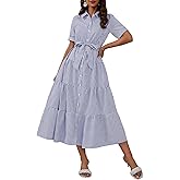 ebossy Women's Boho Striped Shirt Dress Button Down Belted Flowy Ruffles Loose A Line Maxi Long Dress with Pockets