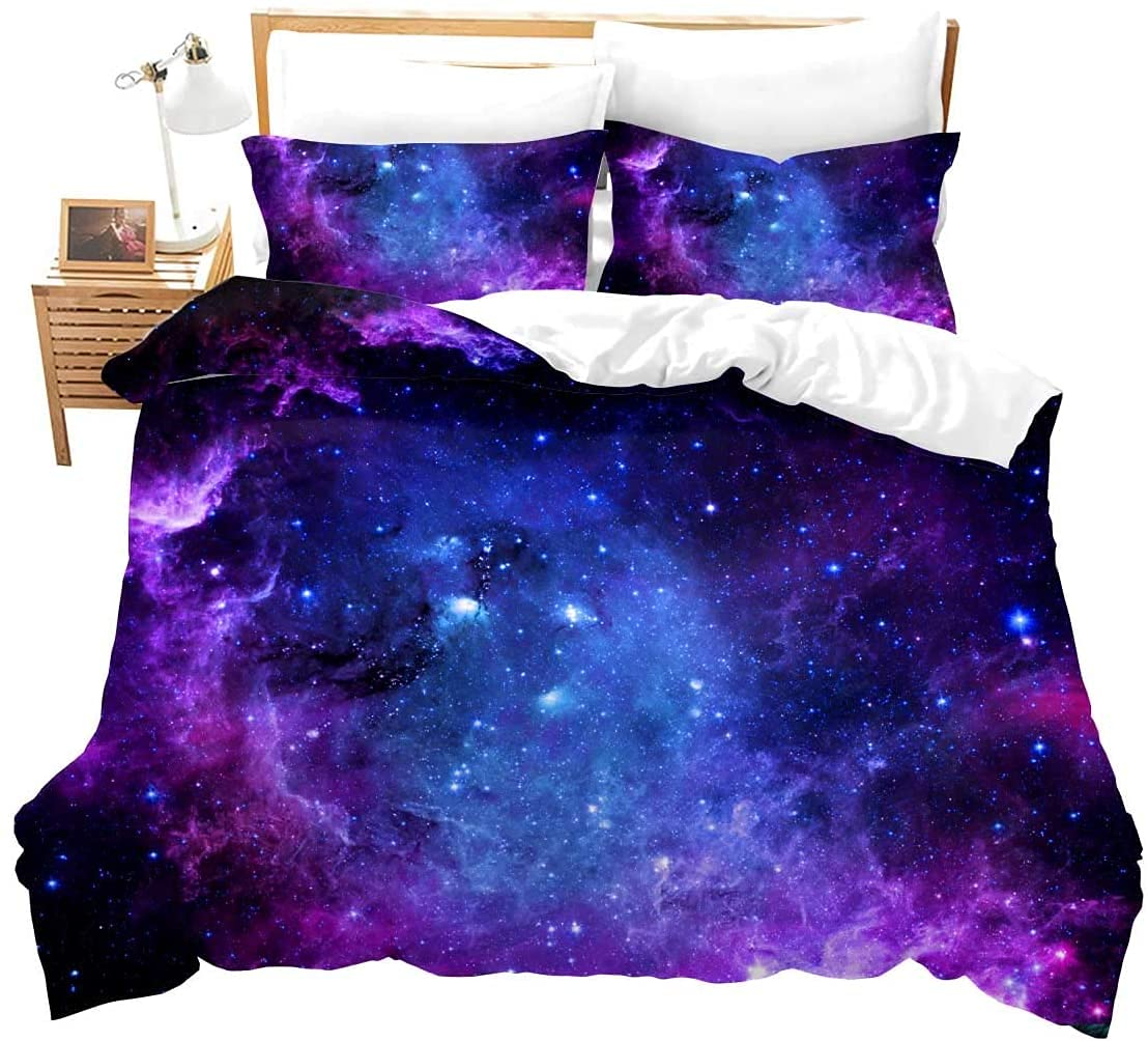 Loussiesd Galaxy Duvet Cover Set King Size for Girls Boys Kids Starry Sky Bedding Set Bright Blue Purple Comforter Cover with 2 Pillowcases Stars Style Soft Microfiber Zipper 3 Pcs Novely