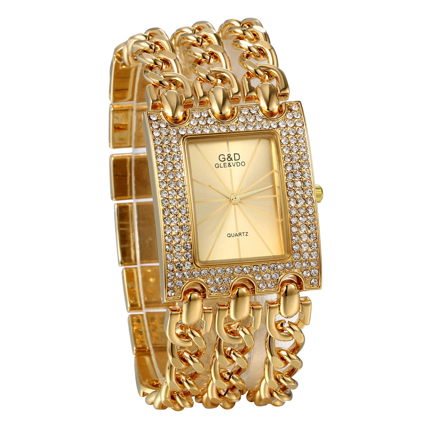JewelryWe Womens Simple Square Dial Quartz Watch Rhinestone Gold Tone Case Chain Band Wrist Watch