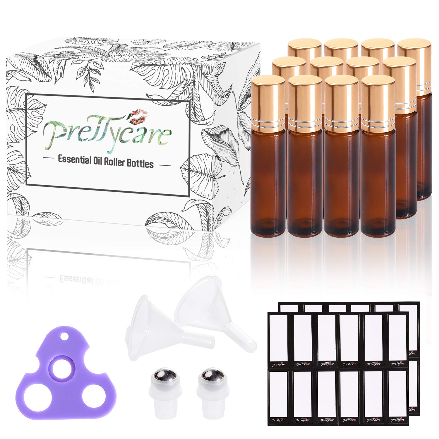 Essential Oil Roller Bottles 10ml (Amber Glass, 12pack, 2 Extra Roller Balls，24 Labels, Opener, 2 Funnels by PrettyCare) Roller Balls For Essential Oils, Roll on Bottles : Beauty
